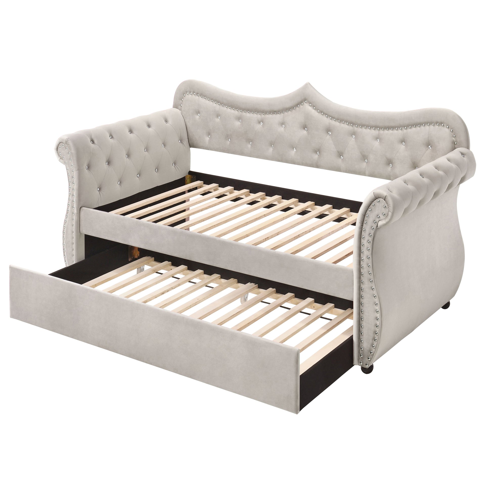 Beige Upholstered Twin Daybed With Trundle Twin Beige Wood Bedroom Velvet Velvet