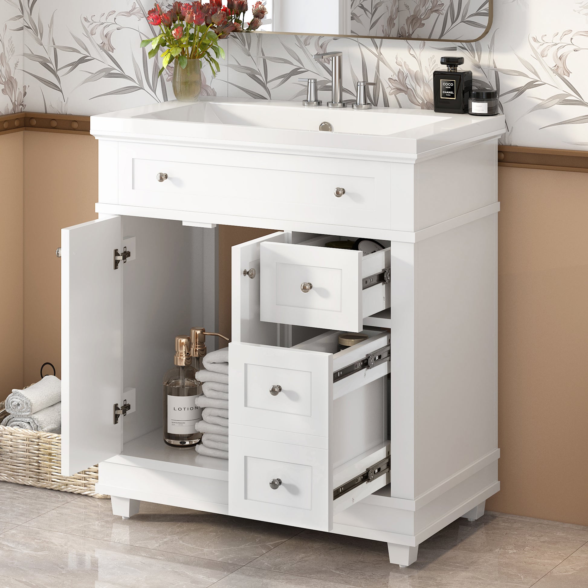 30" Bathroom Vanity Cabinet With Sink Combo Set, Undermount Resin Sink, Free Standing Vanity Set With 2 Drawers& Soft Closing Doors, Solid Wood Frame Bathroom Cabinet, White 2 White 2 1 Bathroom Freestanding Solid Wood Mdf Resin Painted