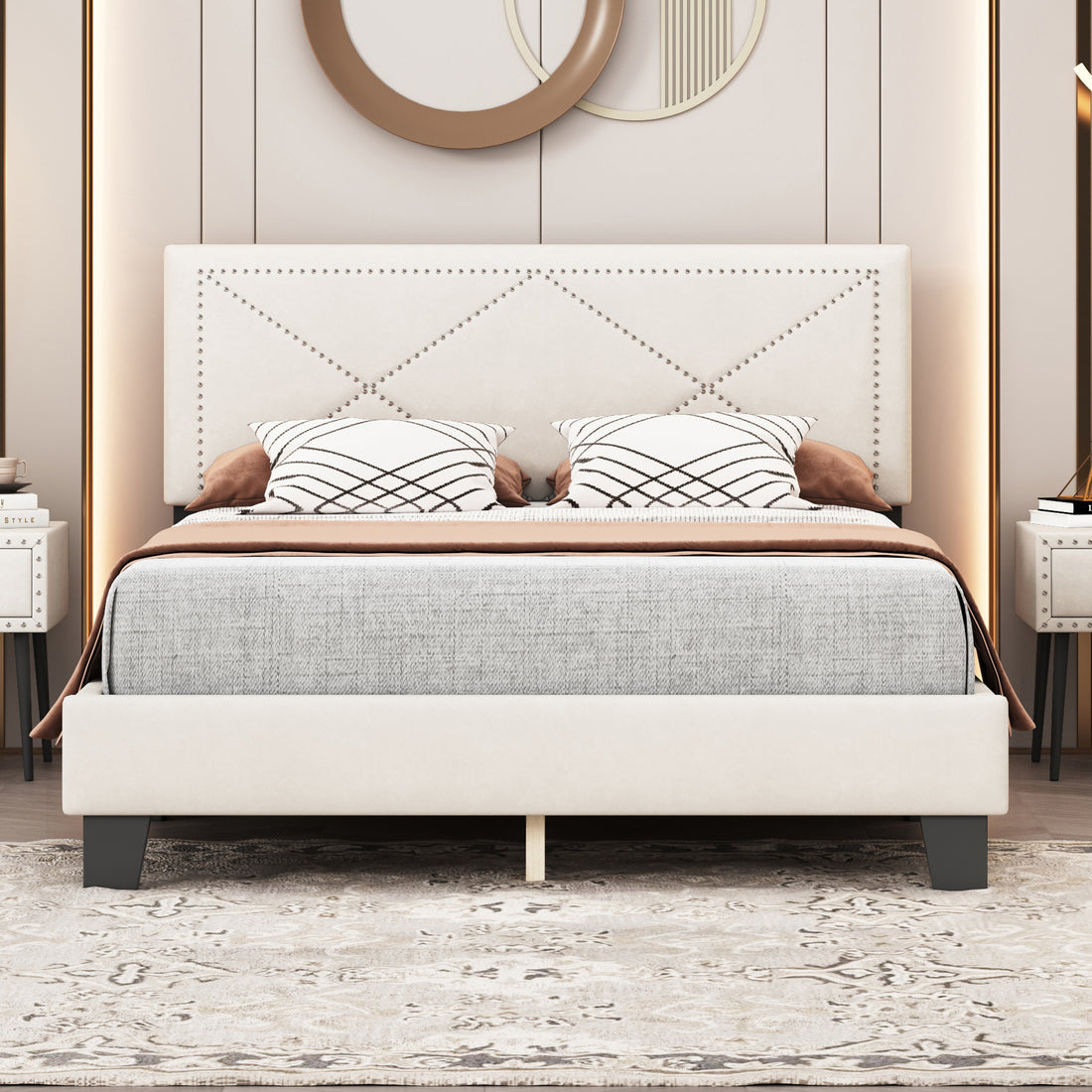 Simple Queen Size Upholstered Bed Frame With Rivet Design, Modern Velvet Platform Bed With Headboard, Beige Queen Beige Bedroom Bed Frame Velvet Solid Wood Mdf