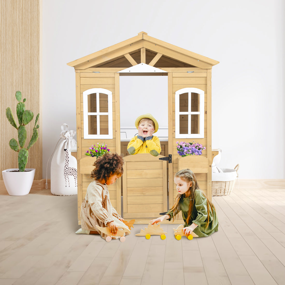 Wooden Playhouse For Kids Outdoor With Working Door, Windows, Mailbox, Flowers Pot Holder, 39" X 38" X 55.5" Natural Solid Wood