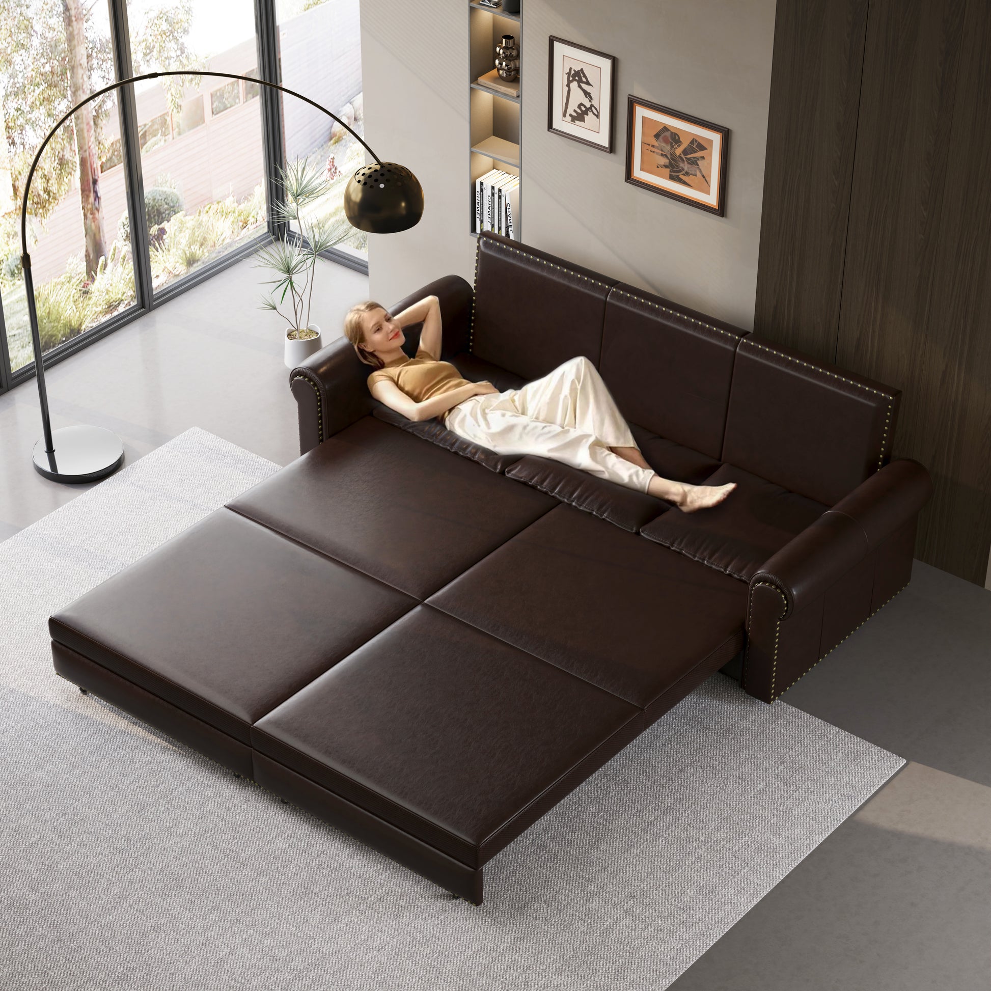 Chesterfield Sofa,93.7" King Pull Out Sofa Bed, 3 In 1 Faux Leather Convertible Sleeper Sofa With Trim & Rolled Arm,Multi Functional Sofa Bed For Living Room,Bedroom,Apartment,Office Dark Brown Faux