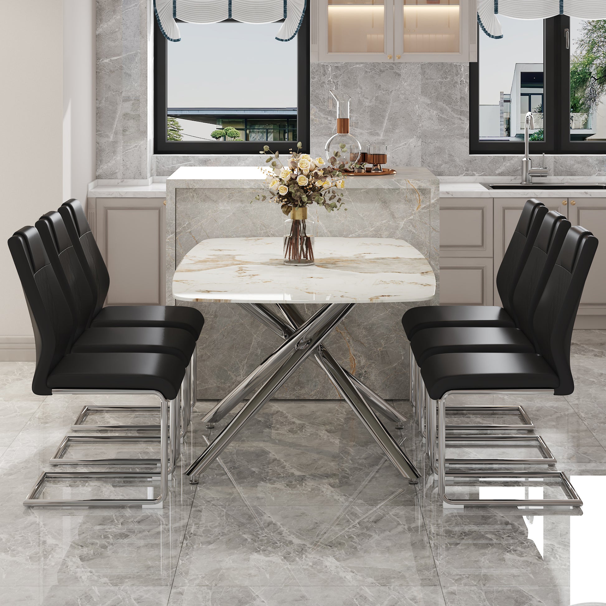 Table And Chair Set, Large Modern Minimalist Rectangular Dining Table, 0.39 "Imitation Marble Tabletop And Silver Metal Legs, Soft Leather Seats. F 1537 Silver Glass Metal