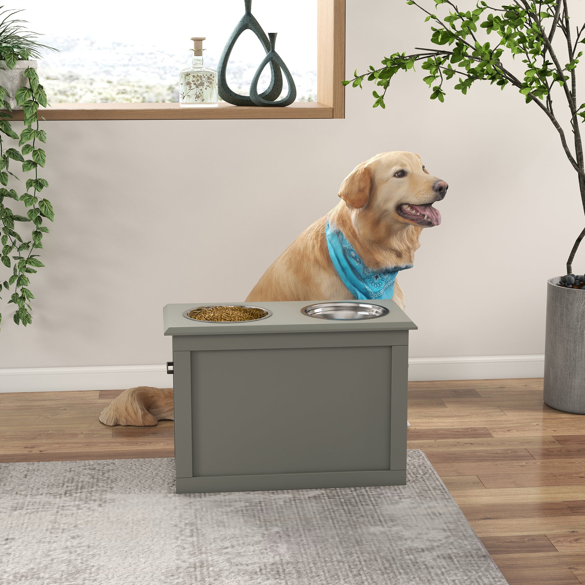 Pawhut Raised Pet Feeding Storage Station With 2 Stainless Steel Bowls Base For Large Dogs And Other Large Pets, Gray Gray Mdf