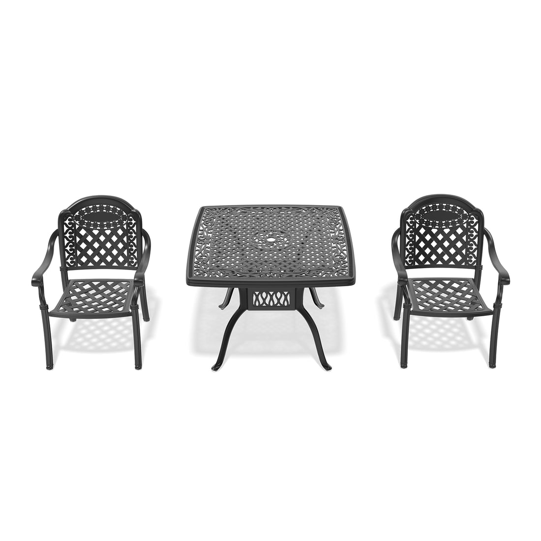 Cushions In Random Colors 3 Piece Set Of Cast Aluminum Patio Furniture With Cushions Yes Dining Set Black Seats 2 Rust Resistant Frame Water Resistant Cushion Garden & Outdoor Complete Patio Sets Aluminium