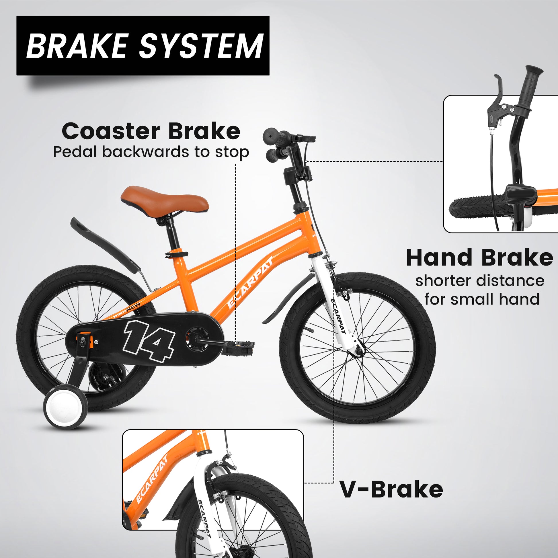 A14114 Kids Bike 14 Inch For Boys & Girls With Training Wheels, Freestyle Kids' Bicycle With Fender. Orange Steel