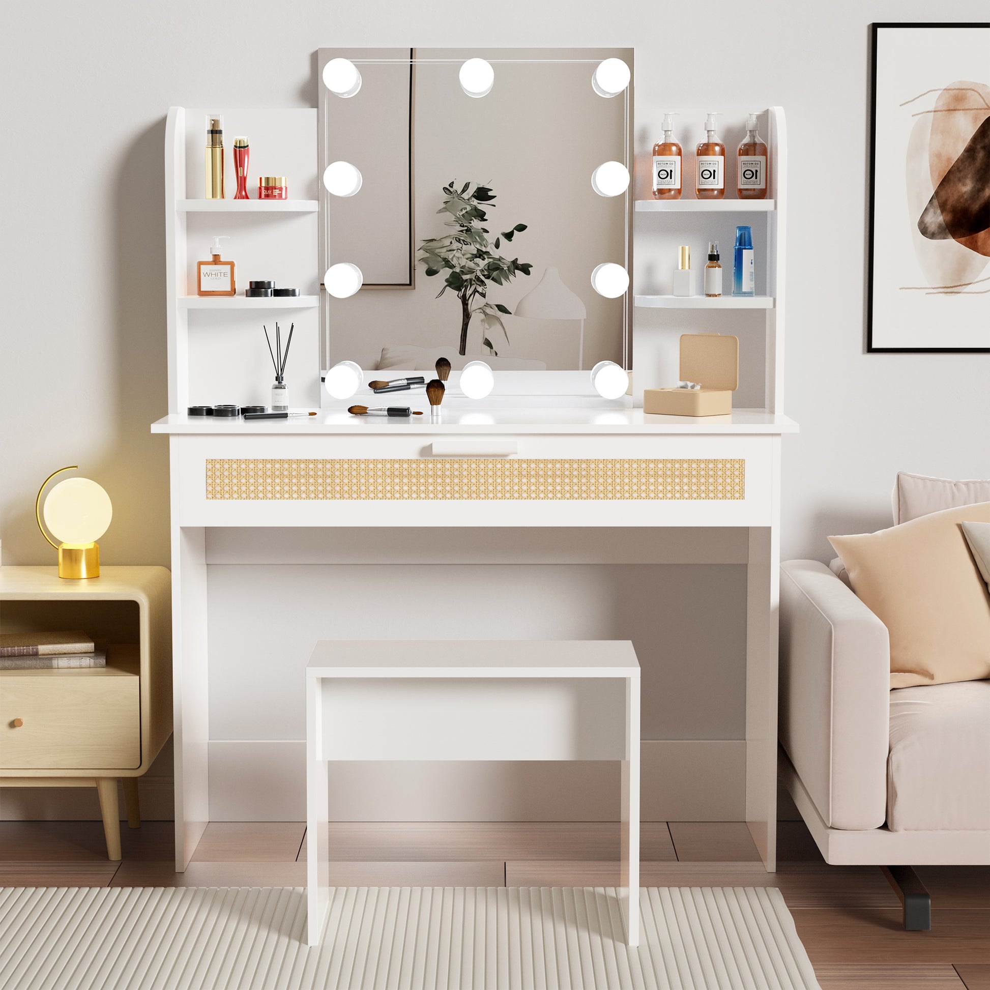 Vanity Desk Set Stool & Dressing Table With Led Lighting Mirror Drawer And Compartments Modern Wood Cosmetic Table Chest Of Drawers White Color Gloss White White 1 Drawer Bedroom Wood