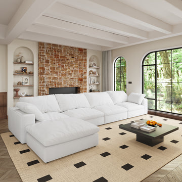Cloud Modular Sectional Sofa 160" Down Filled Comfort L Shaped Sofa Couch For Living Room,4 Seater And 1 Ottoman White Down Filling,Fabric,Foam 5 Seat