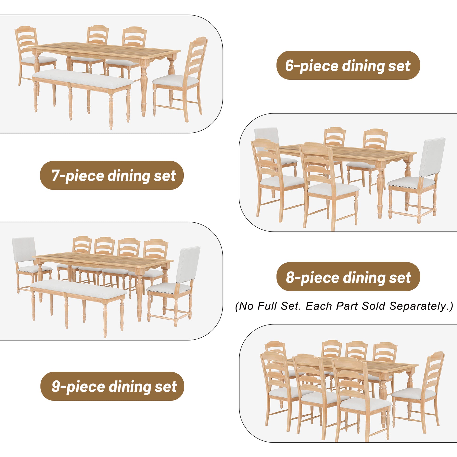 Vintage Traditional 9 Piece 82.7Inch Extendable Dining Table Set With 23.6Inch Removable Leaf And 8 Upholstered Dining Chairs For 8, Natural Wood Dining Room Distressed Finish Rubberwood Rectangular Dining Table With Bench Wood Wood Natural Seats 8