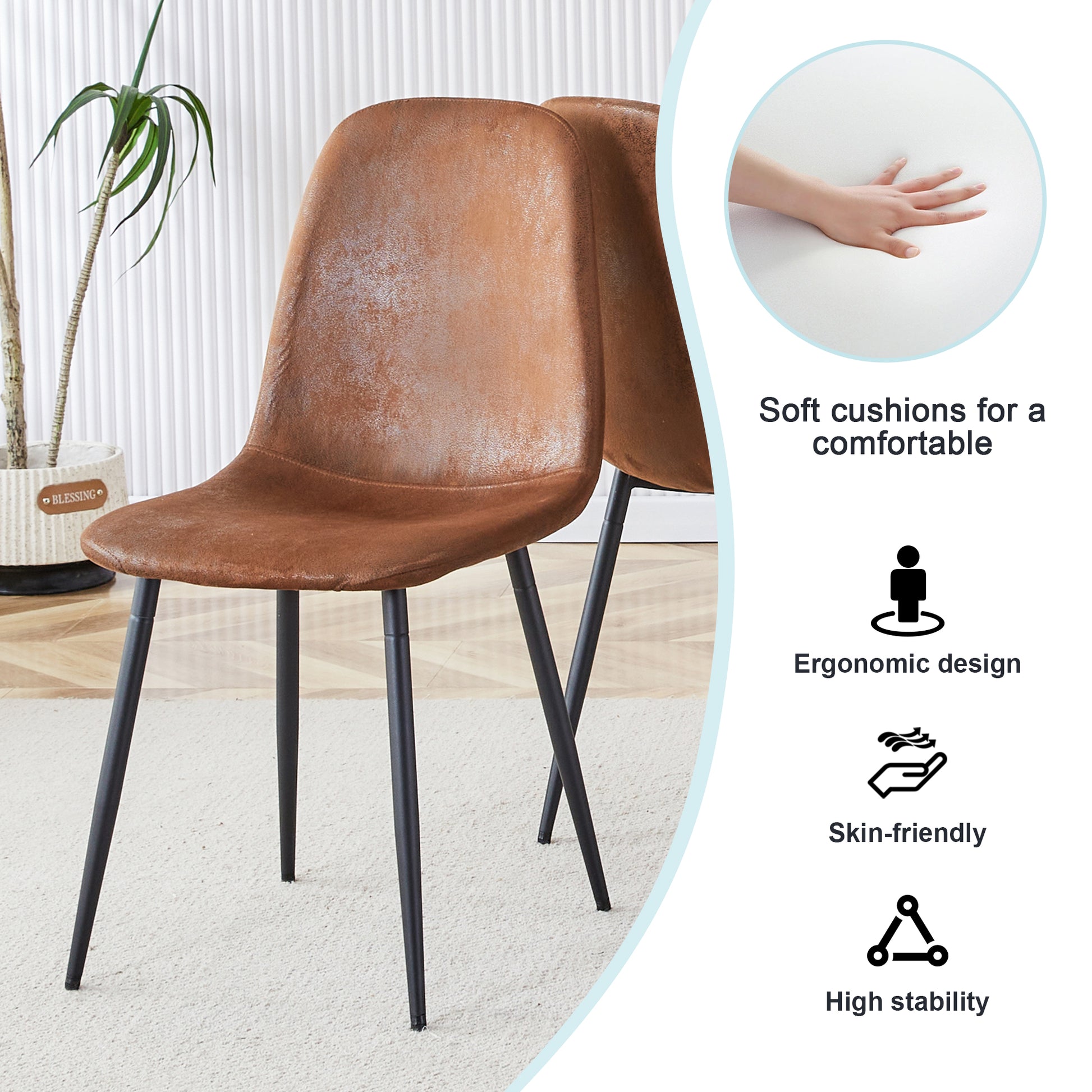 Table And Chair Set.Mdf Rectangular Dining Table, 6 Modern Medieval Style Restaurant Cushioned Side Chairs With With Soft Cushions And Black Metal Legs.Suitable For Restaurants, Living Rooms, Kitchen. Brown Seats 6 Mdf Metal