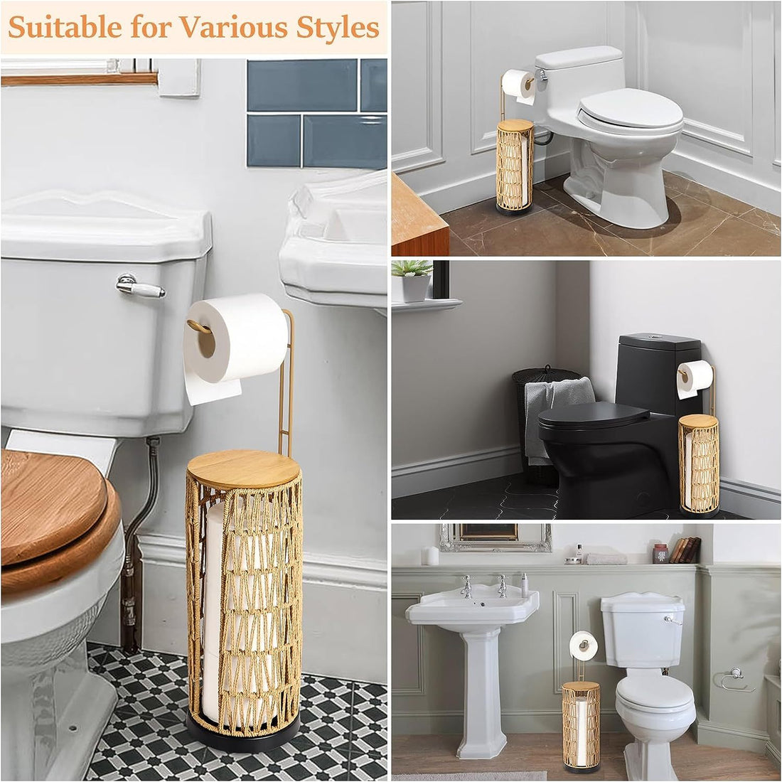 Freestanding Toilet Paper Holder With Storage,3 Rolls Of Tissue Holder For Bathroom,Handmade Woven Toilet Paper Roll Holder Stand,Rattan Sturdy Boho Bathroom Decor Farmhouse Toilet Paper Storage Brown Rattan Metal