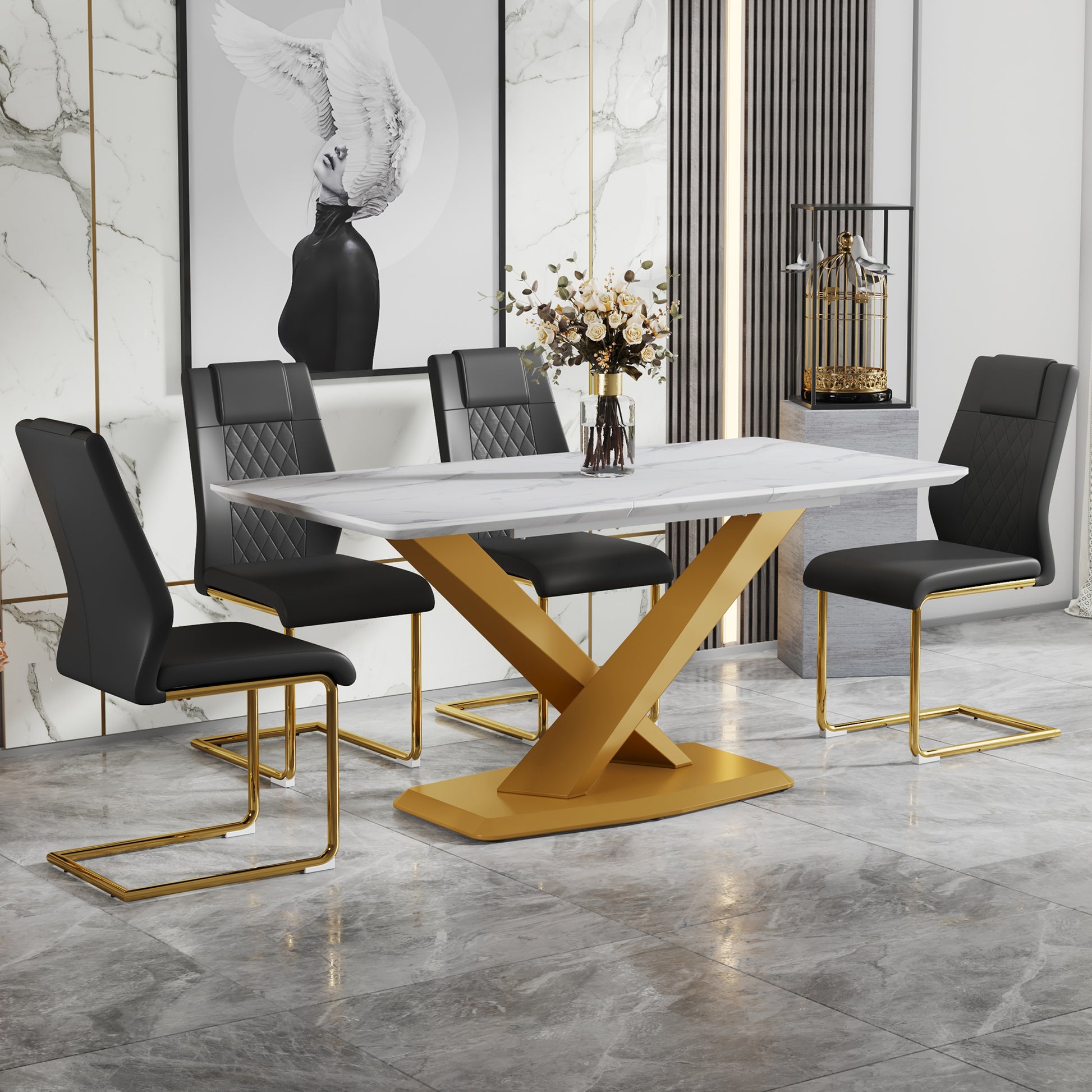 Table And Chair Set,Large Modern Minimalist Rectangular White Imitation Marble Dining Table With Mdf Top And Golden Legs,Dining Chairs,Gold Legged Upholstered Chairs Made Of Artificial Leather. Black Gold Seats 4 Mdf