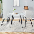 Table And Chair Set. Large Modern White Imitation Marble Patterned Round Table With Black Metal Legs. Nice Minimalist With Transparent Seats And Black Metal Legs. White Black Seats 4 Glass Metal