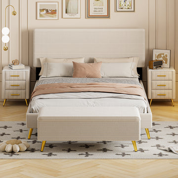 4 Pieces Bedroom Sets Queen Size Upholstered Bed Frame With Modern Corduroy Storage Ottoman And Nightstands,Beige Queen Beige 4 Piece Set Wood