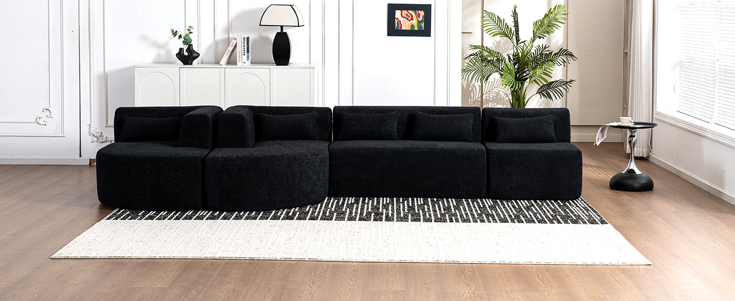 143.7" Upholstered Sofa Free Combined Sofa Couch With Two Chaise Lounge And Five Back Pillows For Living Room, Black Black Foam Polyester 5 Seat