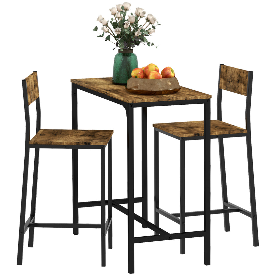 Homcom 3 Piece Bar Table And Chairs, Industrial Dining Table Set For 2, Counter Height Kitchen Table With Bar Stools, Breakfast Table Set For 2 For Small Space, Rustic Brown Rustic Brown Mdf