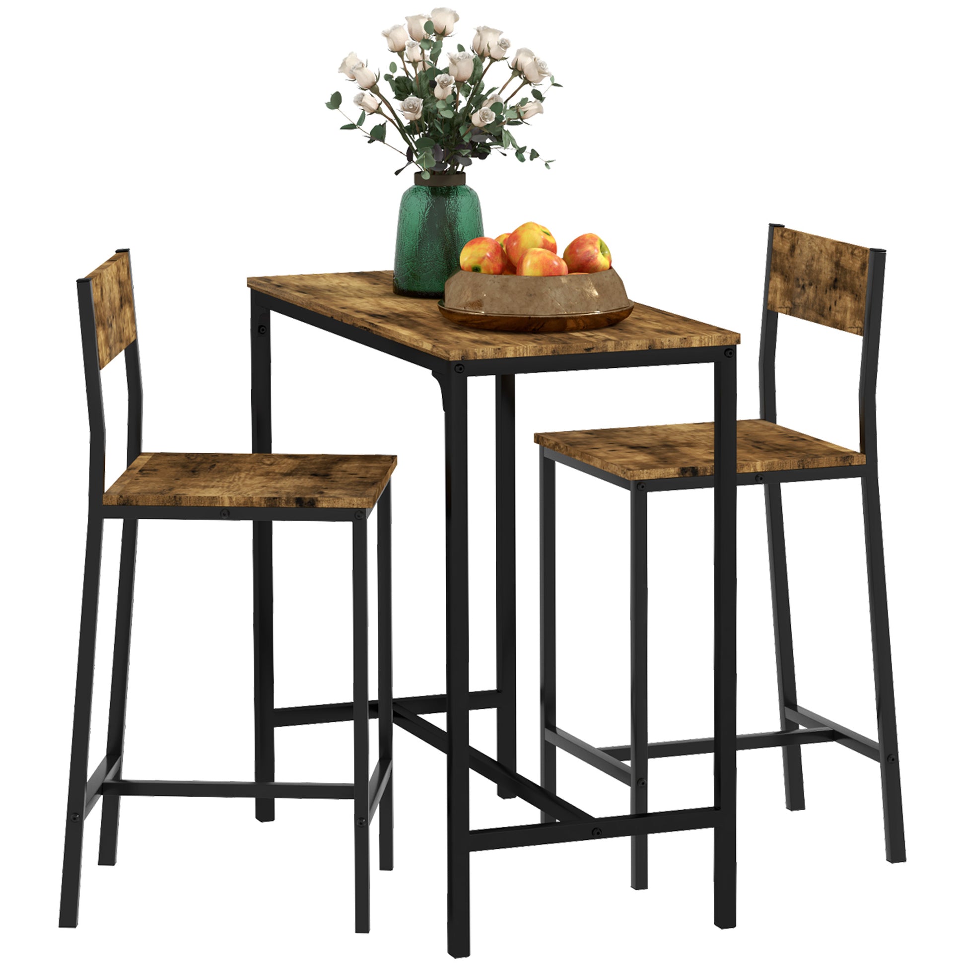 Homcom 3 Piece Bar Table And Chairs, Industrial Dining Table Set For 2, Counter Height Kitchen Table With Bar Stools, Breakfast Table Set For 2 For Small Space, Rustic Brown Rustic Brown Mdf