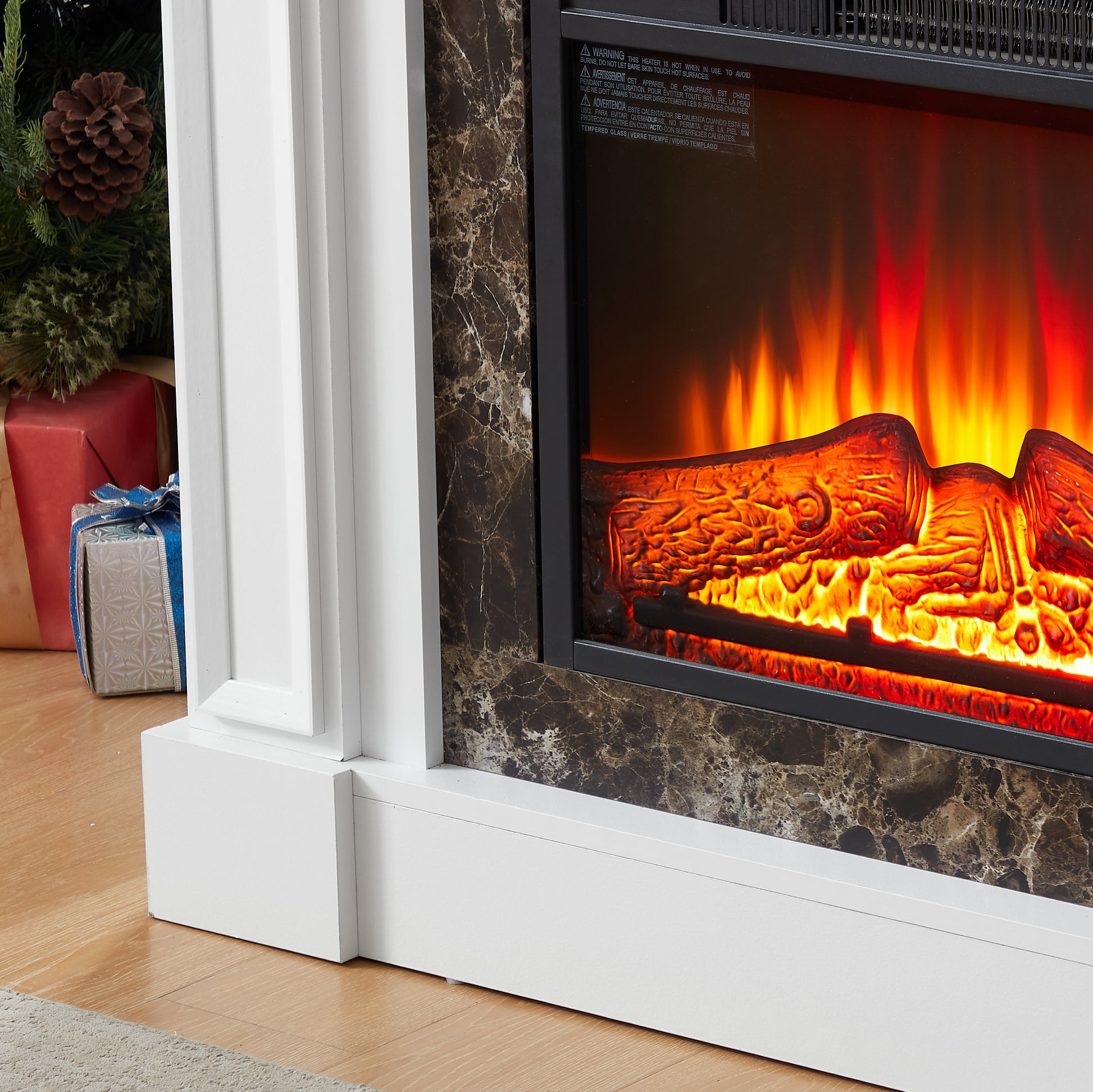 Electric Fireplace With Mantel, Fireplace Mantel, Fireplace Heater Freestanding, Realistic Stacked Stone Surround With Remote Control Timer Led Flame, White, 45.66"W*11.8"D*40"H White Mdf