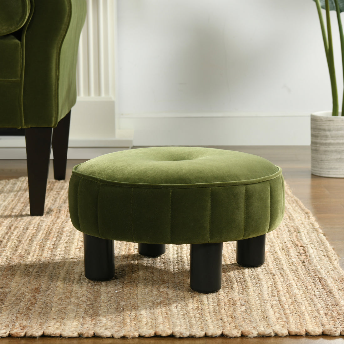 Riley 16" Round Footstool Ottoman, Olive Green Performance Velvet Olive Green Foam Velvet