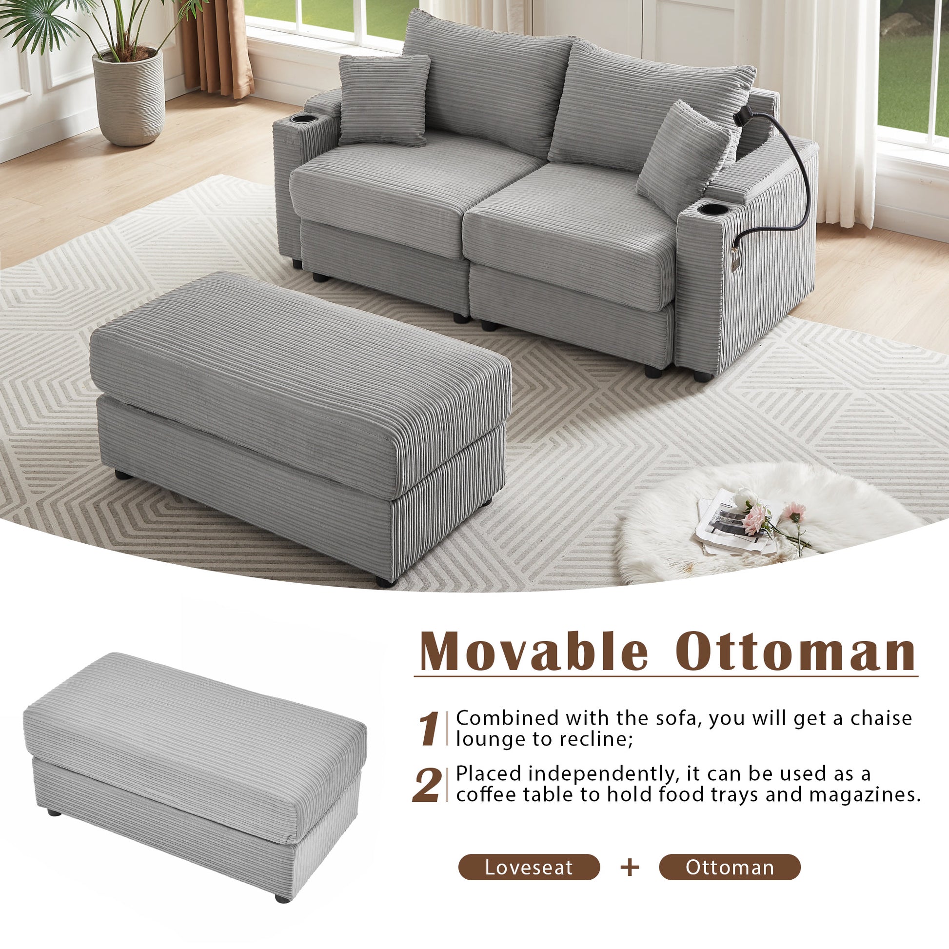 72.8" Modern Style Loveseat Sofa Sectional Sofa Couch With Storage Space, A Movable Ottoman, Two Usb Ports, Two Cup Holders, A Phone Holder For Living Room, Gray Gray Foam Corduroy 3 Seat