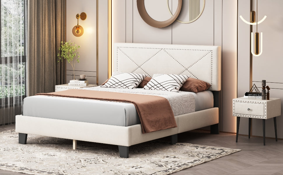Simple Queen Size Upholstered Bed Frame With Rivet Design, Modern Velvet Platform Bed With Headboard, Beige Queen Beige Bedroom Bed Frame Velvet Solid Wood Mdf