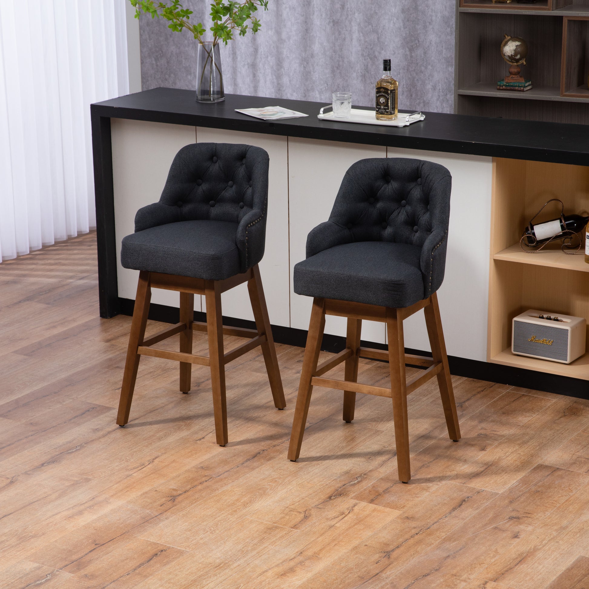Coolmore Bar Stools Set Of 2 Counter Height Chairs With Footrest For Kitchen, Dining Room And 360 Degree Solid Wood Legs Swivel Bar Stools Set Of 2 Black Linen Black Foam Linen