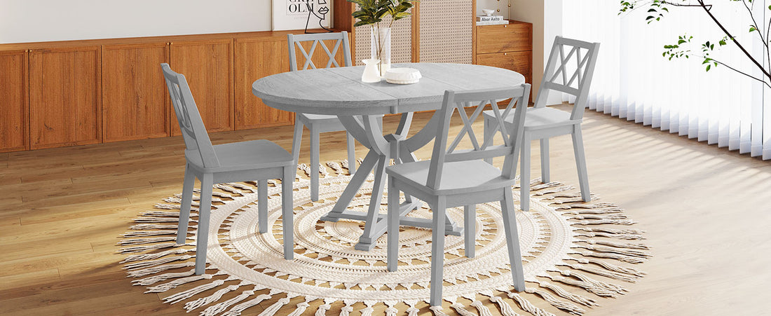 Mid Century 5 Piece Extendable Round Dining Table Set With 15.7" Removable Leaf And 4 Cross Back Dining Chairs, Grey Gray Wood Dining Room Extendable Rubberwood Oval Dining Table With Chair Wood Wood Antique Gray Seats 4 Removable Leaf Mid Century Modern