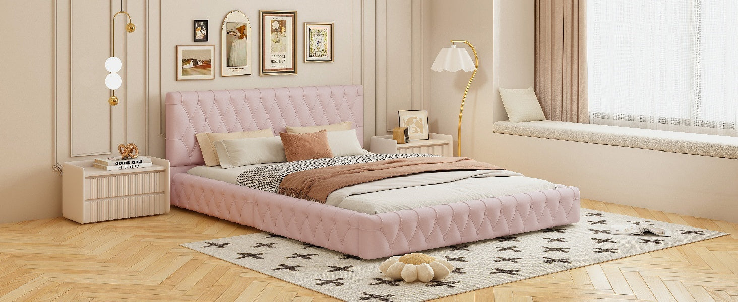 Queen Size Upholstered Bed With Tufted Headboard, Modern Velvet Platform Bedno Box Spring Required, Pink Queen Pink Solid Wood Mdf