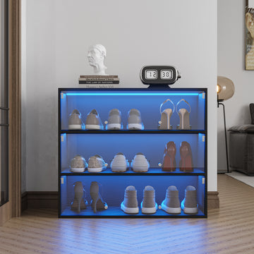 Black Glass Door Shoe Box Shoe Storage Cabinet With Rgb Led Light Black Mdf