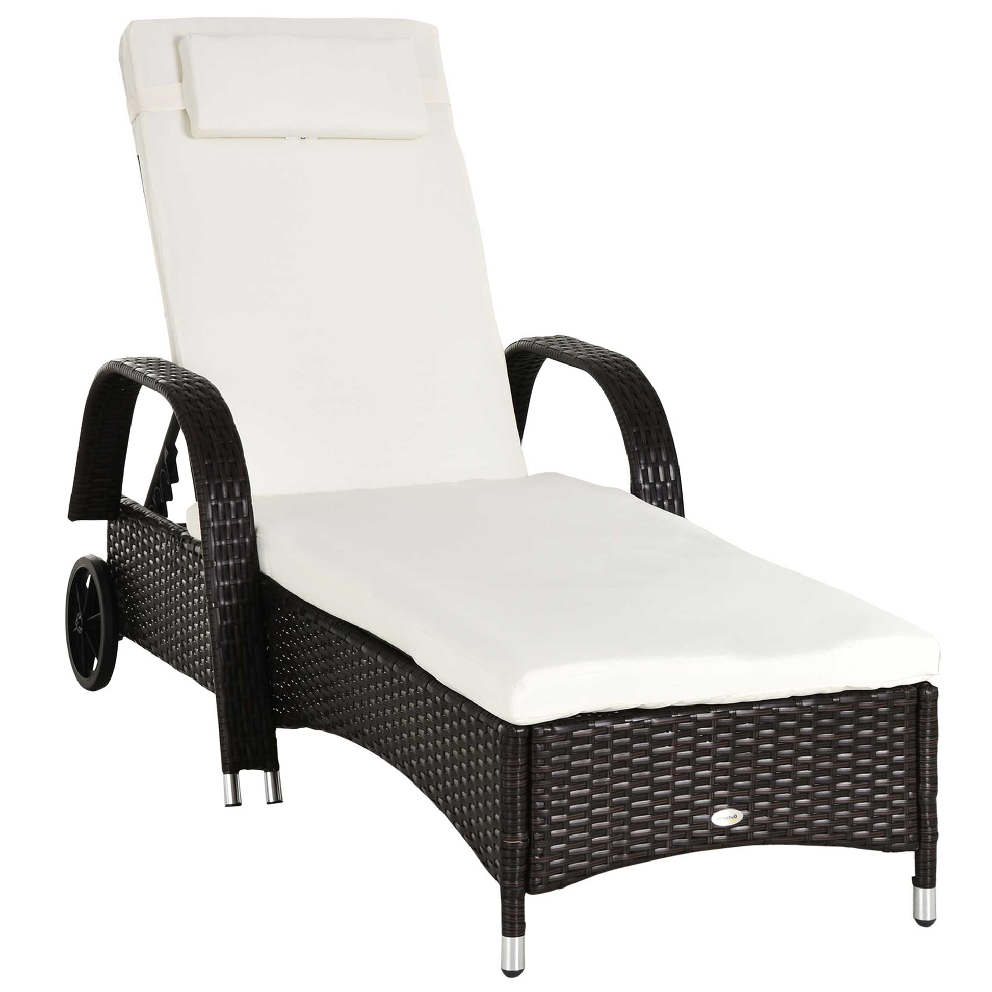 Outsunny Wicker Outdoor Chaise Lounge, 5 Level Adjustable Backrest Pe Rattan Pool Lounge Chair With Wheels, Cushion & Headrest, Brown And Cream White Brown Rattan