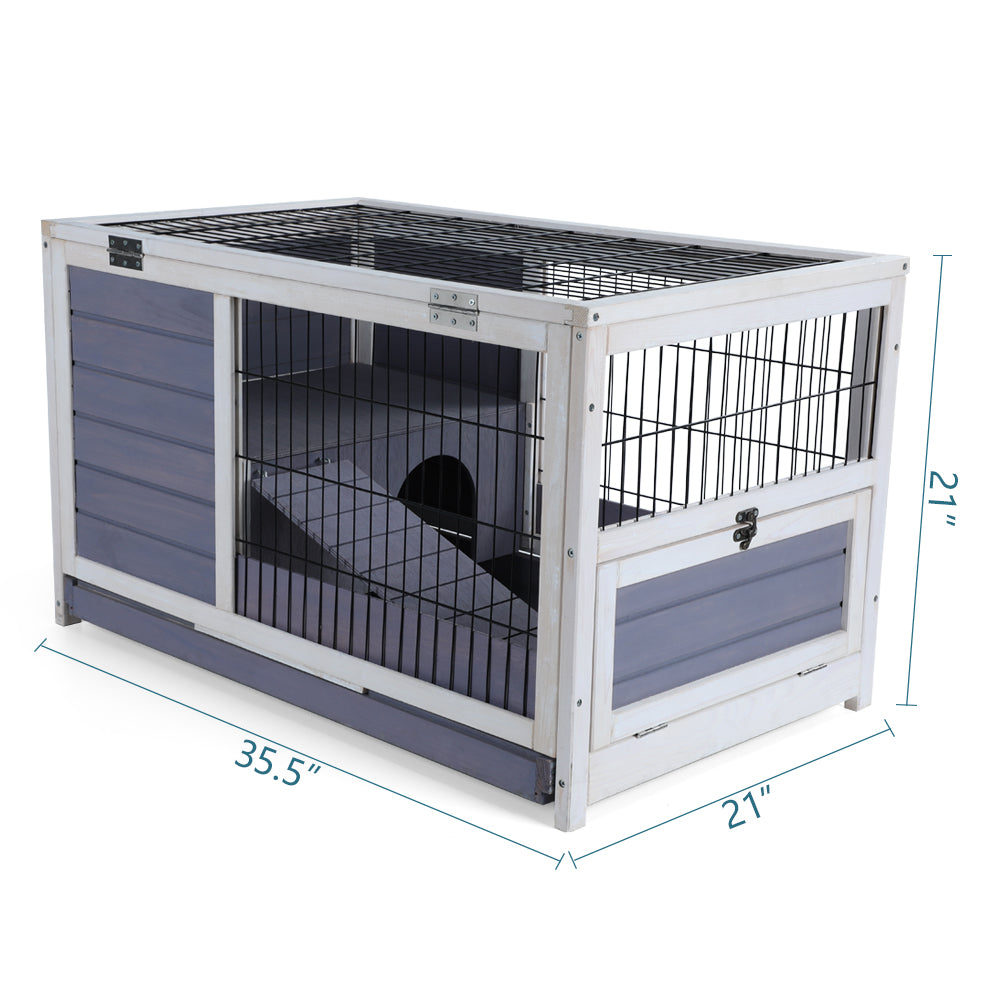 Wooden Rabbit Hutch Indoor Bunny House For Small Animals With Put Out Tray Grey Solid Wood