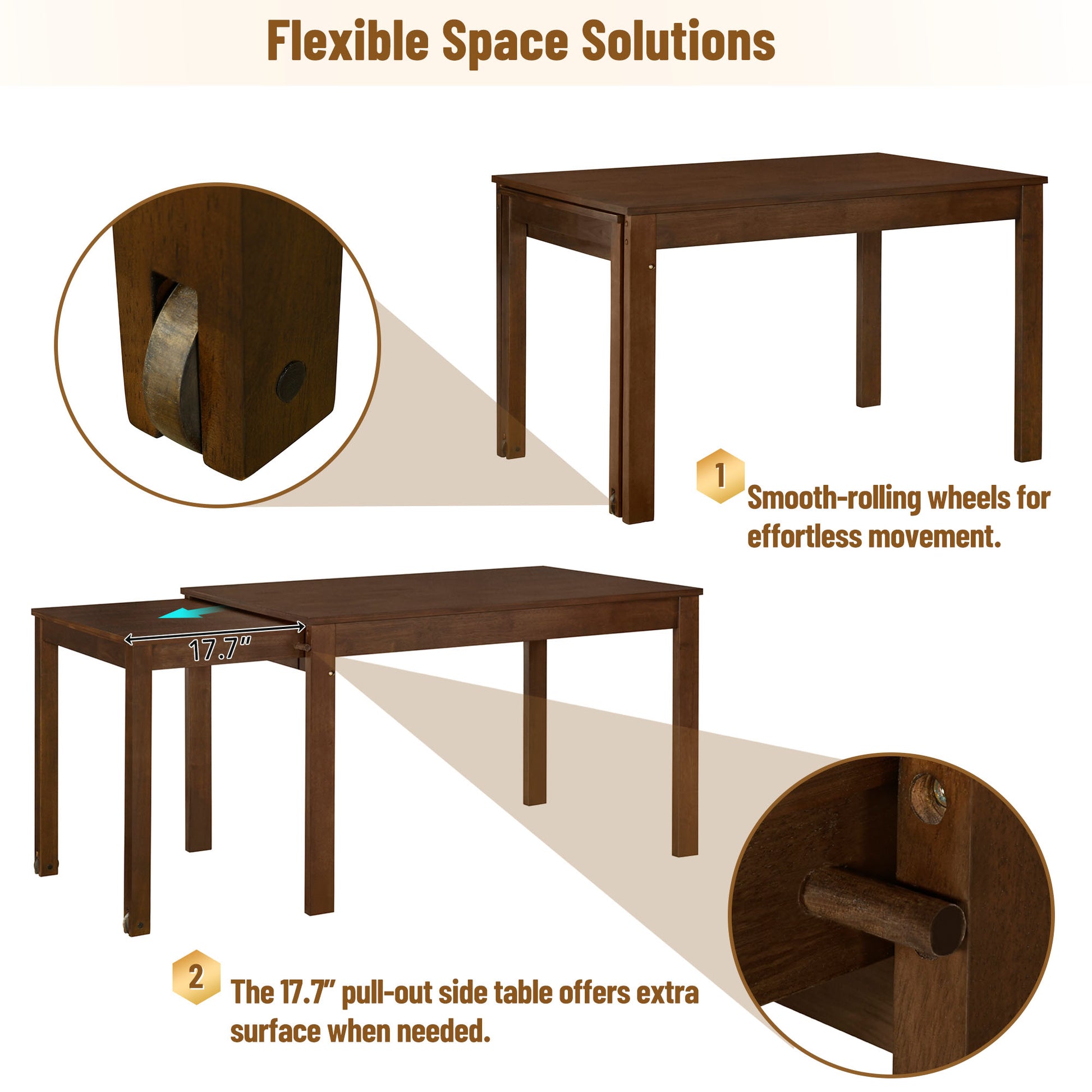 Farmhouse 65" 5 Piece Extendable Dining Table Set With Wheels Kitchen Table Set With 17.7" Pull Out Side Table And Dining Chairs For Small Places, Brown Wood Wood Brown Solid Back Wood Dining Room Solid Wood Rubberwood Rectangular Rectangular Dining