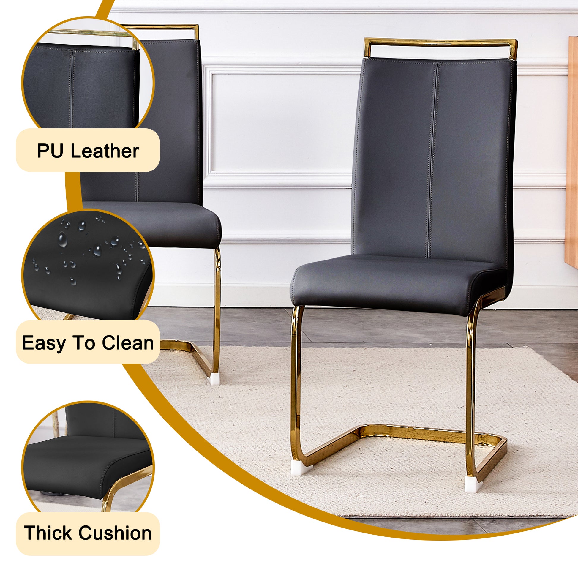 Table And Chair Set.Modern Rectangular Dining Table With Black Textured Stickers Glass Tabletop And Gold Plated Metal Legs.Paried With 4 Comfortable Chairs With Pu Seats And Golden Metal Legs. Black