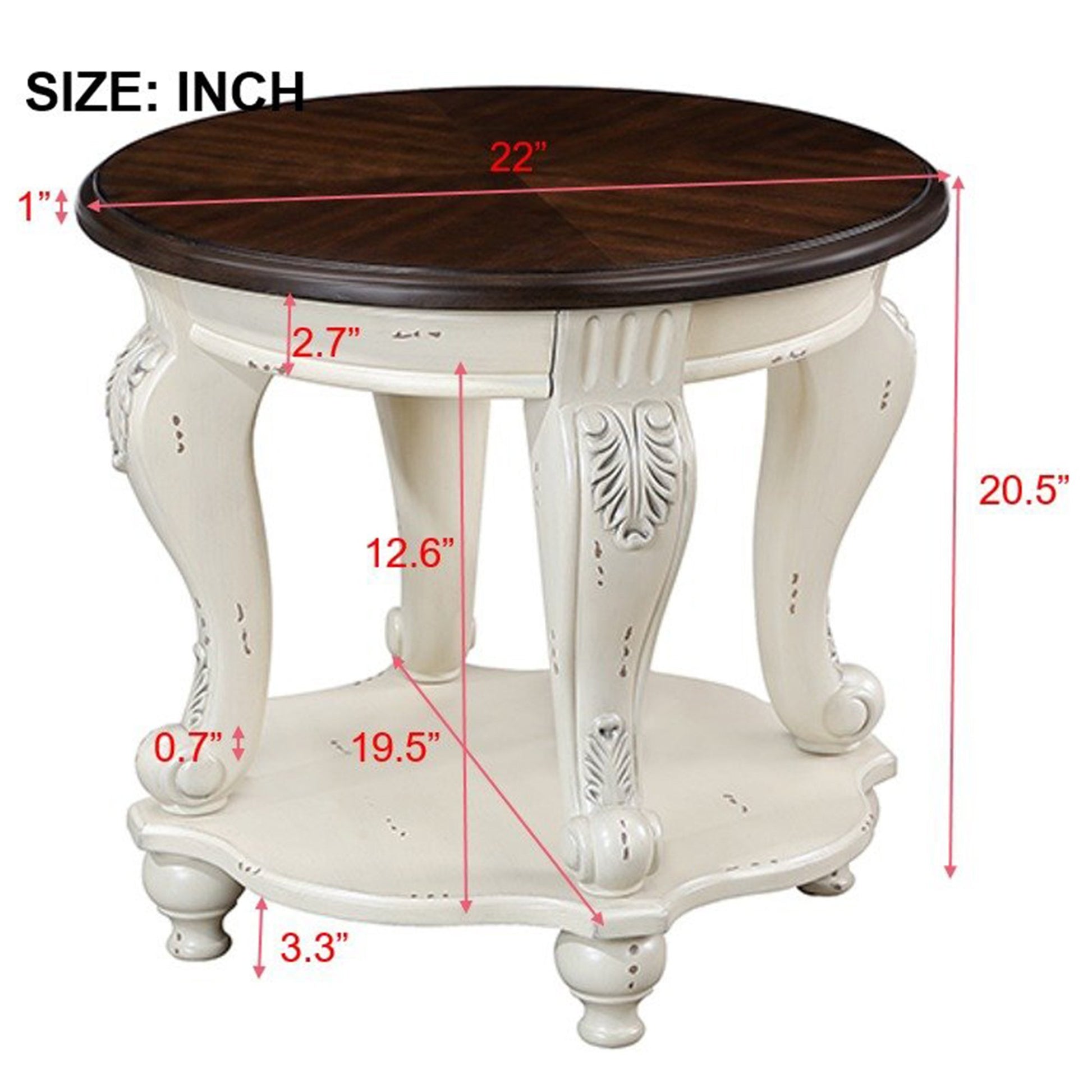 22'' Two Tone Round End Table,Solid Wood Sofa Side Table With Shelf,Living Room Corner Table Easy Assemble,Chipped White And Cherry Top Color Written On Box Is Antique White And Light Espresso Top Antique White Rubber Wood