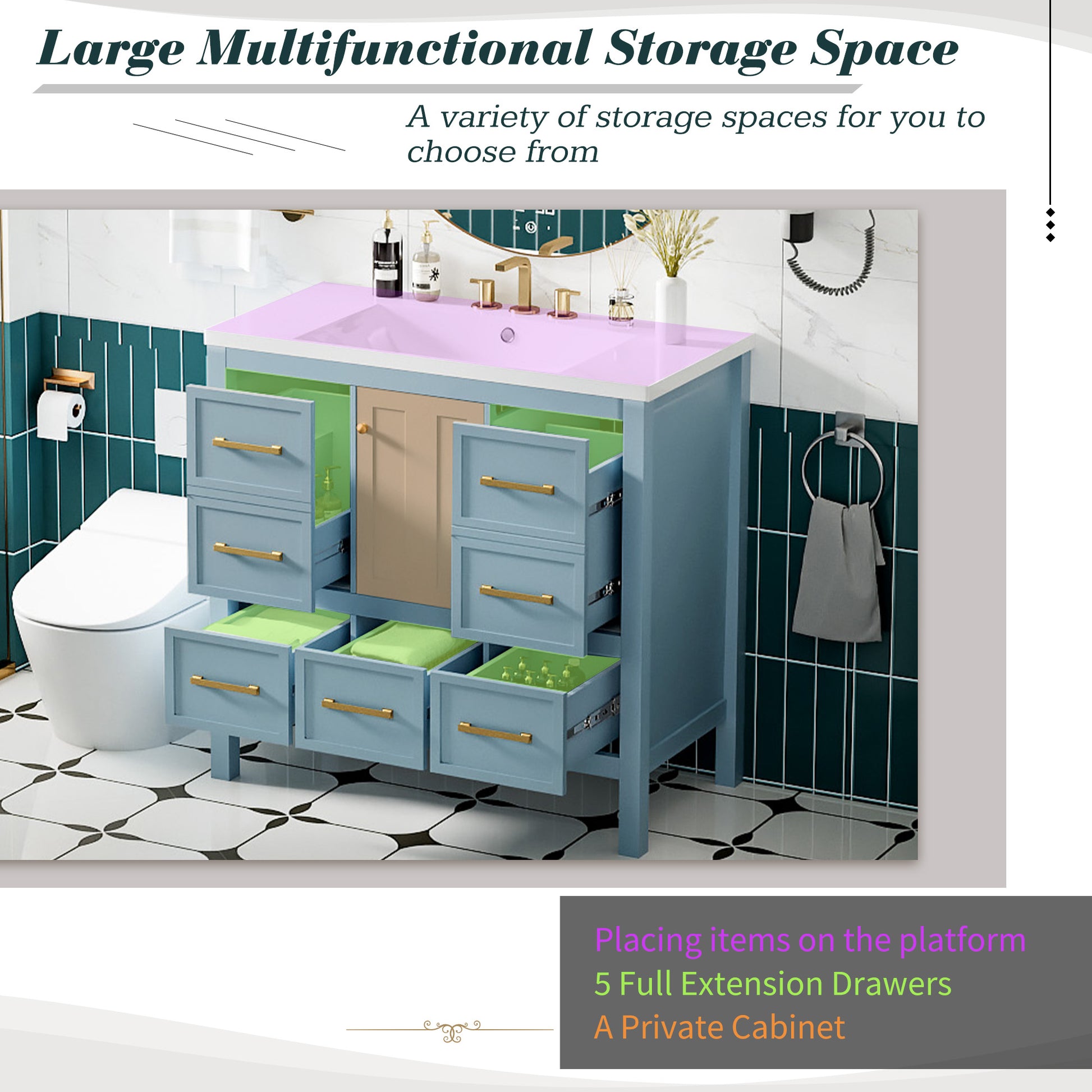 36'' Bathroom Vanity With Resin Sink Combo, Solid Wood Frame Bathroom Storage Cabinet, Freestanding Vanity Set With 5 Drawers& Soft Closing Doors Same As N710S136002M Blue Bathroom Solid Wood Mdf Resin