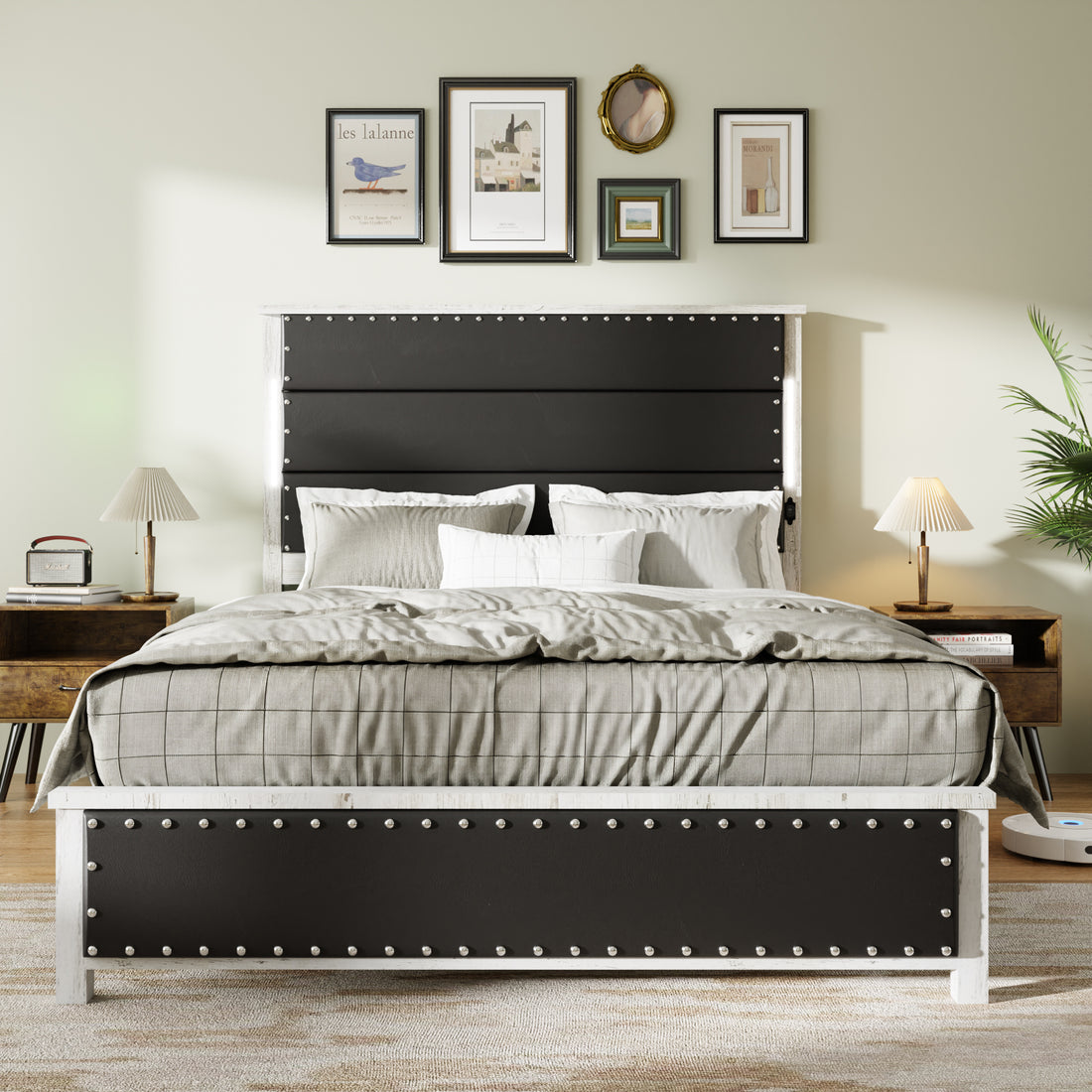 Queen Size Bed Frame With Upholstered Headboard, Queen Bed Frame With Charging Station And Led Lights, Wood Slats, Dark Gray Faux Leather & Rivets, No Box Spring Needed, Easy Assembly Box Spring Not Required Queen Antique White Gray Wood Bedroom Bed