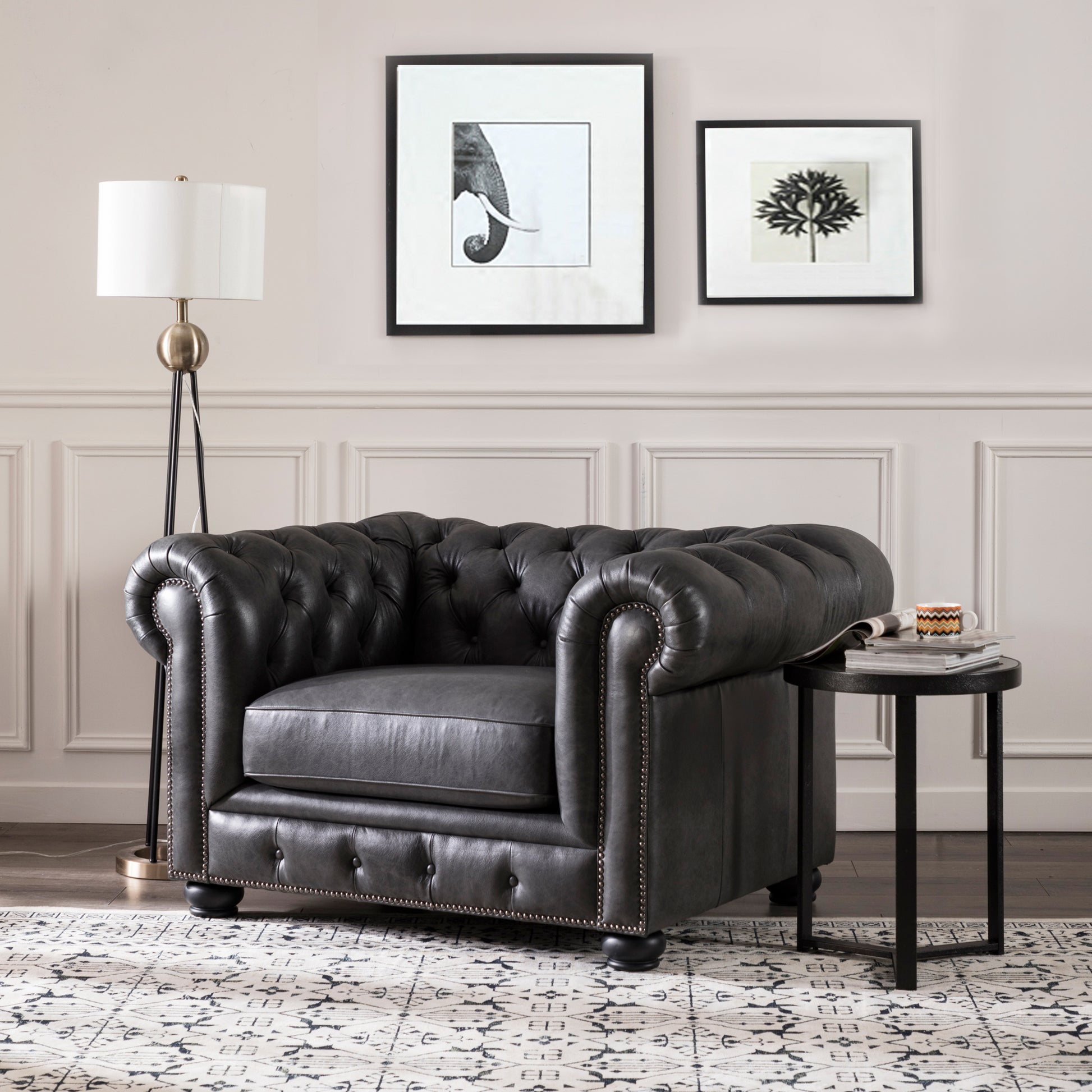 Traditional Tufted Leather Chesterfield Chair Gray Leather