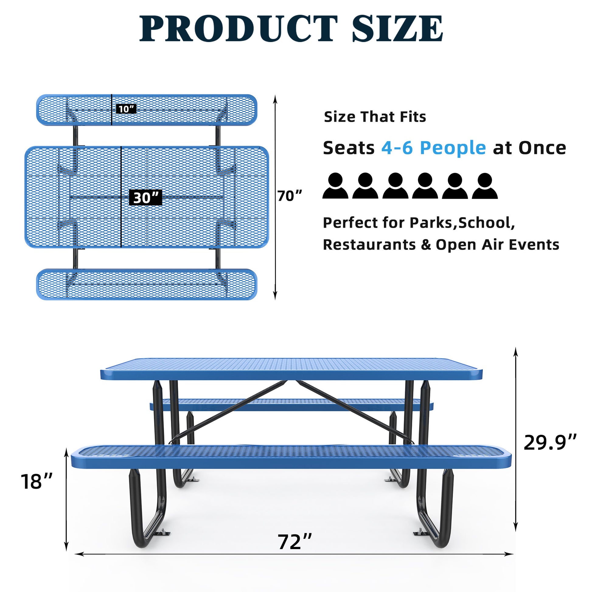 72" Expanded Metal Rectangular Picnic Table, Blue Blue Steel Steel