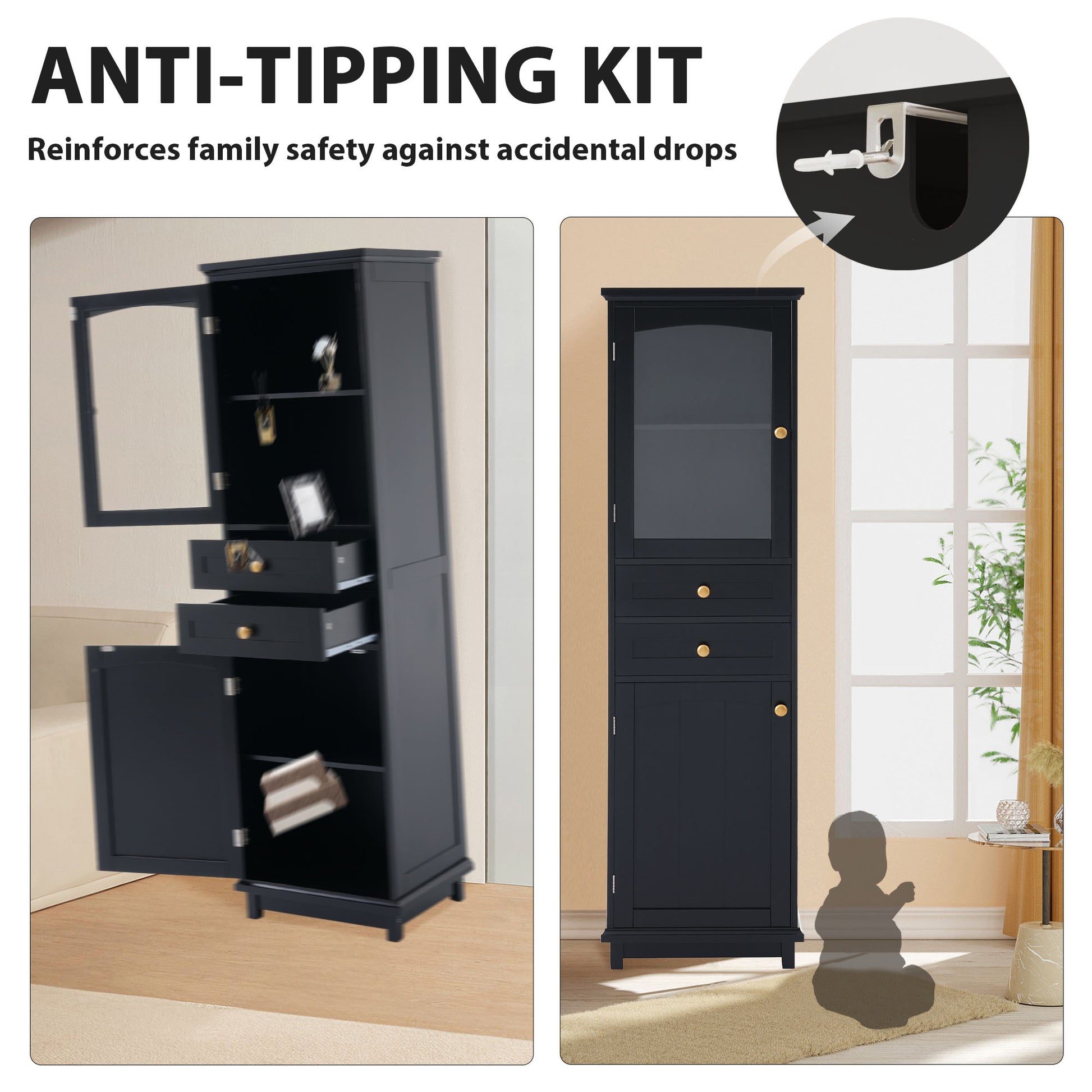 Tall Bathroom Storage Cabinet With Glass Doors, Free Standing, Two Drawers, And Adjustable Shelves, Mdf Board, Painted Black Perfect For Displaying Your Favorite Items 2 Black 2 4 Adjustable Shelves Bathroom Freestanding Partice Board Mdf Pine Wood