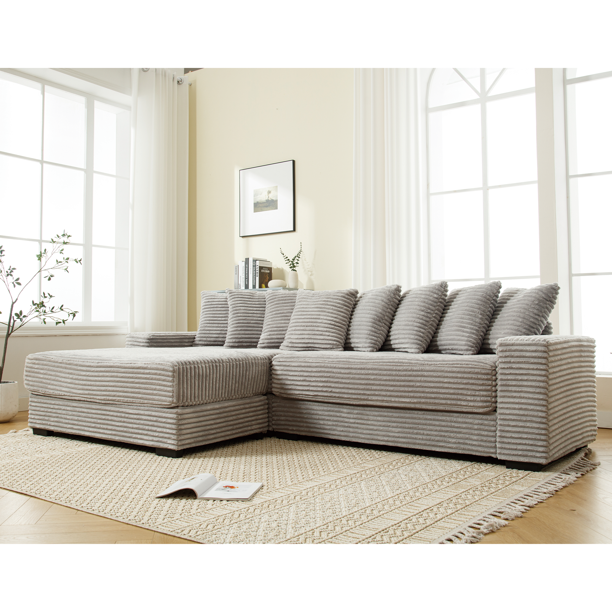 Arrived Oversized Two Piece Couches, L Shaped Sofa, Corduroy, Left Chaise Daybed,With Armrests,Eight Throw Pillows,Corner Sofa,Easy To Assemble, Gray Gray Polyester Wood Primary Living Space Medium Soft Pillow Back Modern Square Arms Wood 3 Seat