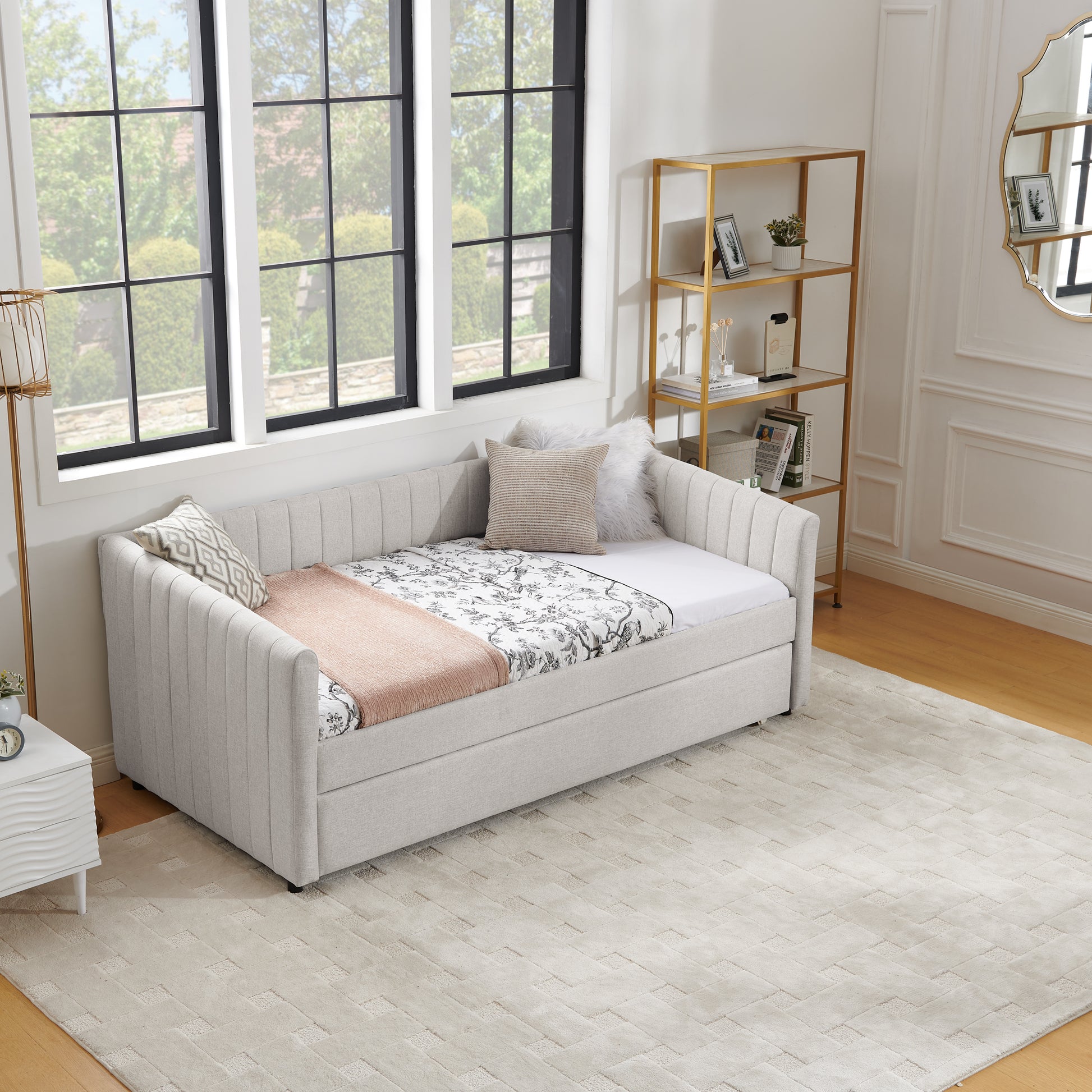 Twin Size Daybed With Trundle Upholstered Sofa Bed, With Vertical Stripes, Linen Fabric, Beige 82.5"X43"X30" Beige Linen