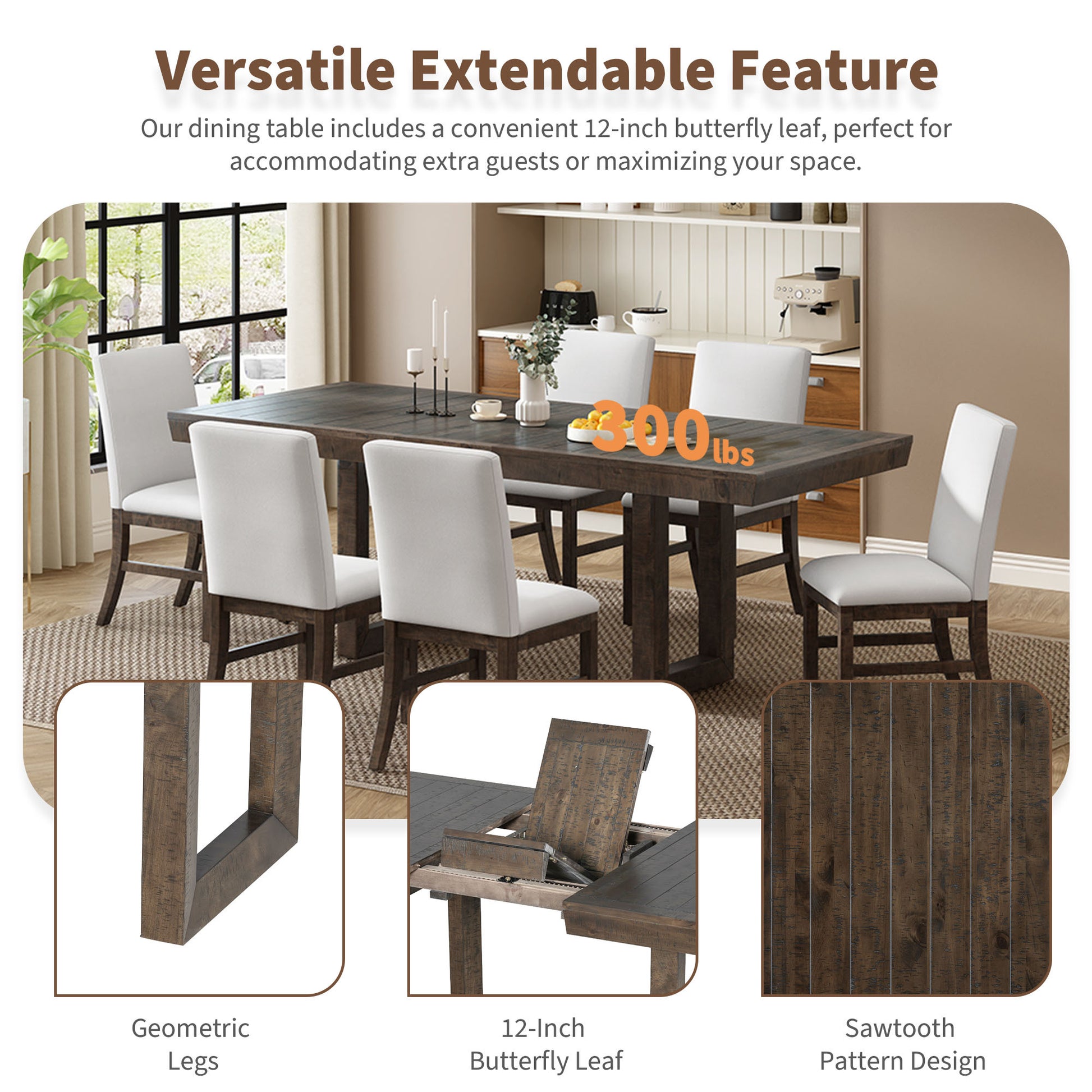 Traditional 7 Piece 72" Extendable Dining Table Set With 12Inch Butterfly Leaf And 6 Upholstered Dining Table Set, Brown Wood Dining Room Distressed Finish Rubberwood Rectangular Dining Table With Chair Wood Wood Brown Seats 6 72 Inches Butterfly Leaf