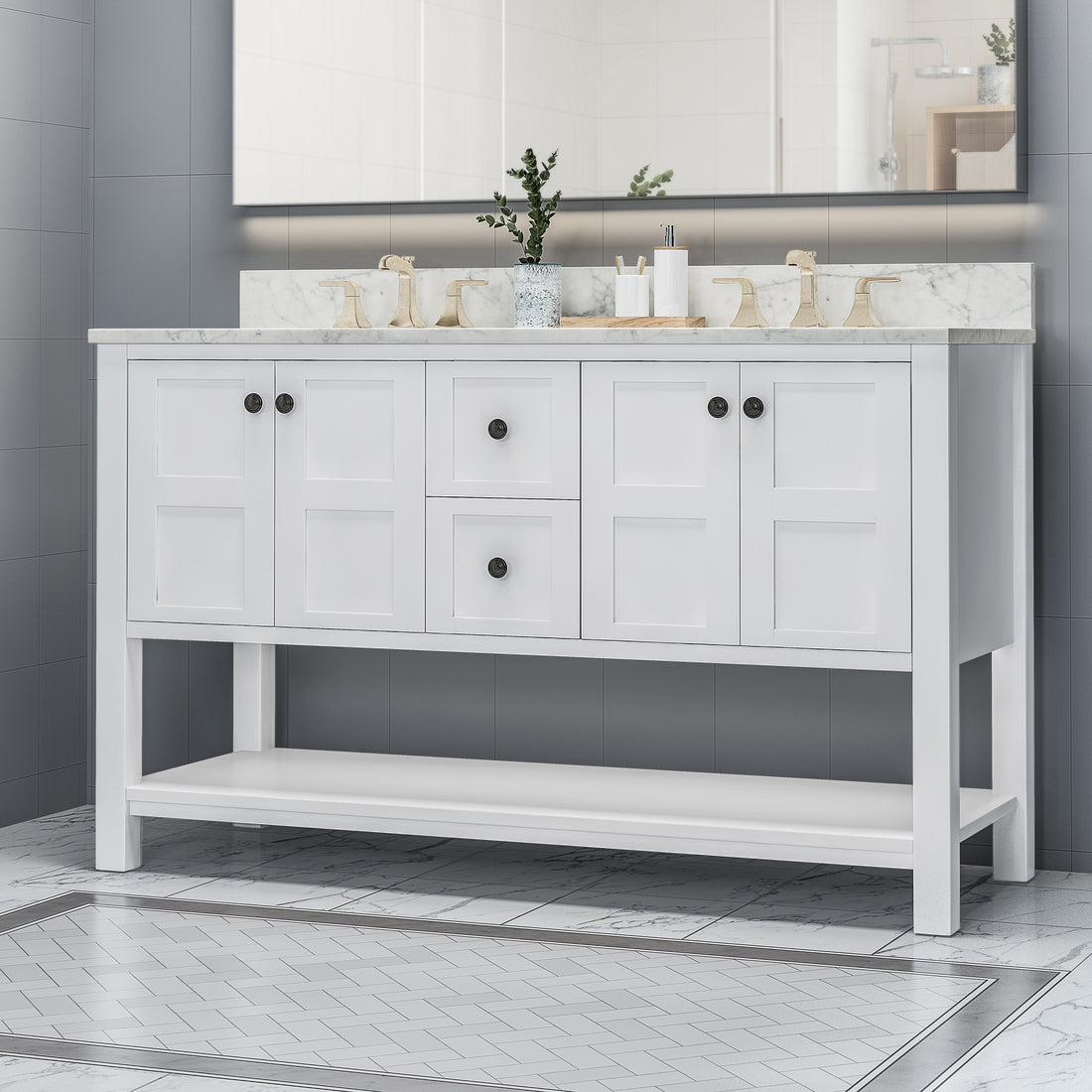 61'' Bathroom Vanity With Marble Top & Double Ceramic Sinks, 4 Doors, 2 Drawers, Open Shelf, White White Mdf