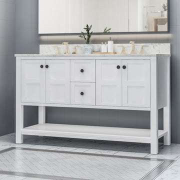 61'' Bathroom Vanity With Marble Top & Double Ceramic Sinks, 4 Doors, 2 Drawers, Open Shelf, White White Mdf