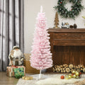 Homcom 5' Snow Flocked Artificial Pencil Christmas Tree, Slim Xmas Tree With Realistic Branches And Plastic Base Stand For Indoor Decoration, Pink Pink Plastic