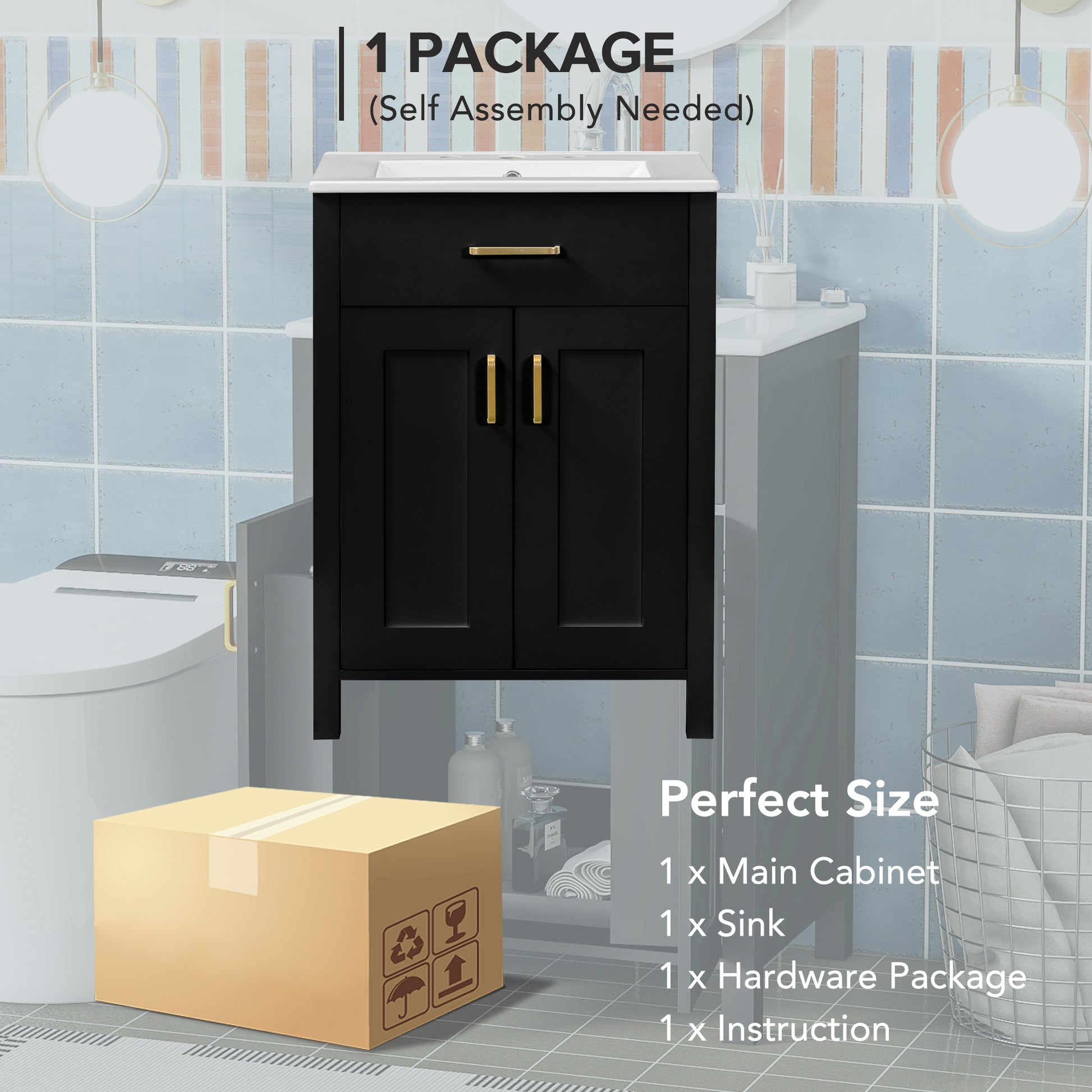 24"Bathroom Vanity Combo With Ceramic Sink, Luxurious Space Saving Vanity W24"*D18"*H34"Inch, 2 Soft Close Doors Black Bathroom Solid Wood Mdf