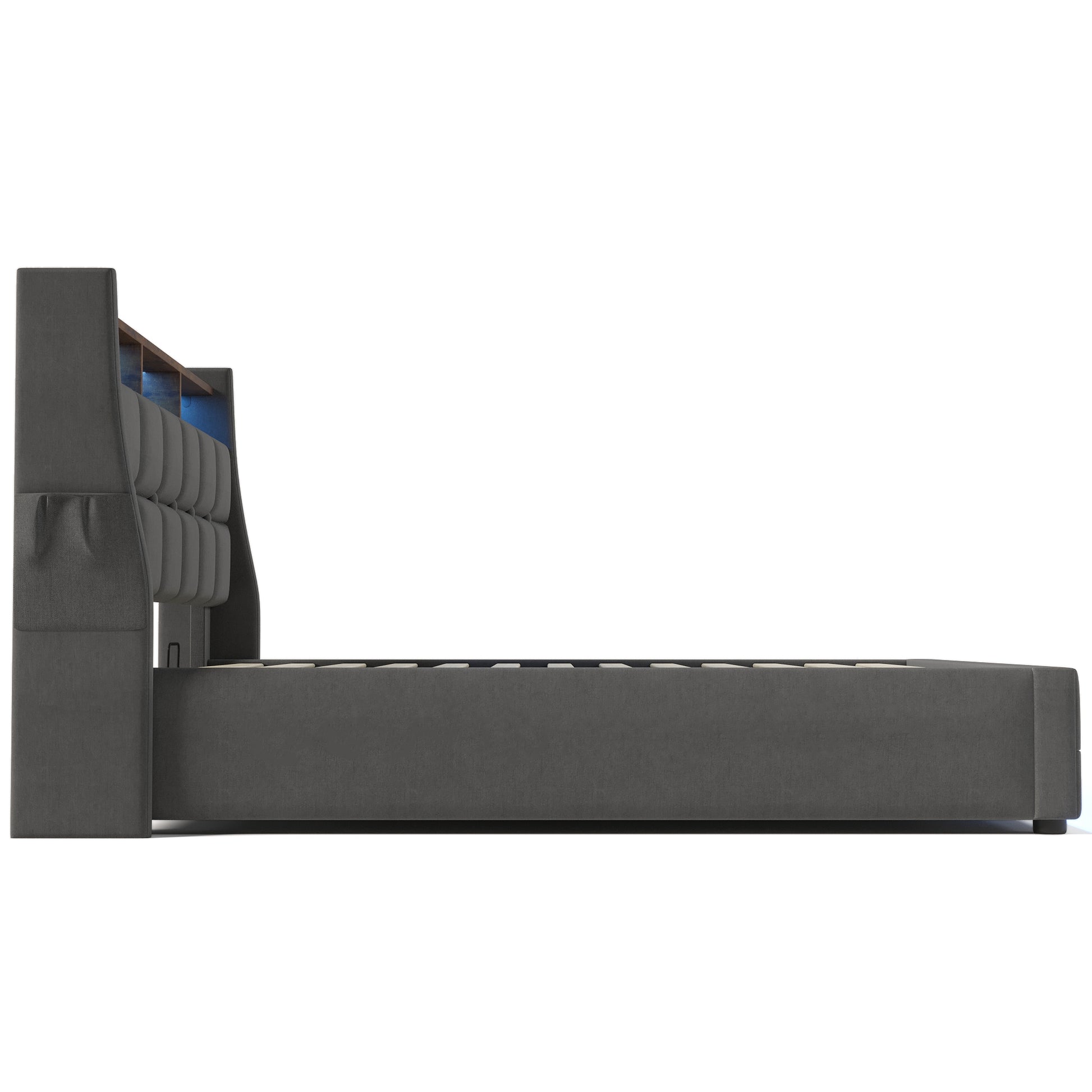 Queen Size Upholstered Platform Bed With A Hydraulic Storage System, Led And Usb Charging, Grey Without Mattress Queen Grey Metal & Wood