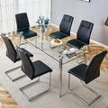 Table And Chair Set.Modern Rectangular Glass Dining Table With A Tempered Glass Tabletop And Silver Metal Legs, Paired With Multiple Chairs Designed With Pu Cushions And Silver Metal Legs. Black Silver Seats 6 Tempered Glass