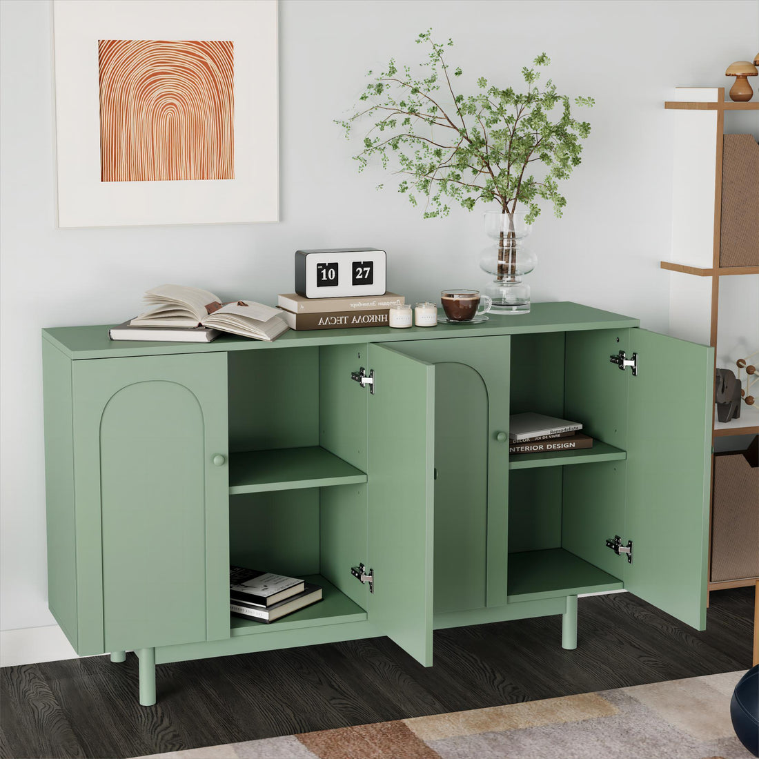 Stylish And Functional 4 Door Intaglio Storage Cabinet With Pine Legs, Solid Wood Pulls And Mdf, For Living Room Bedroom,And Kitchen,Mint Green Mint Green Mdf