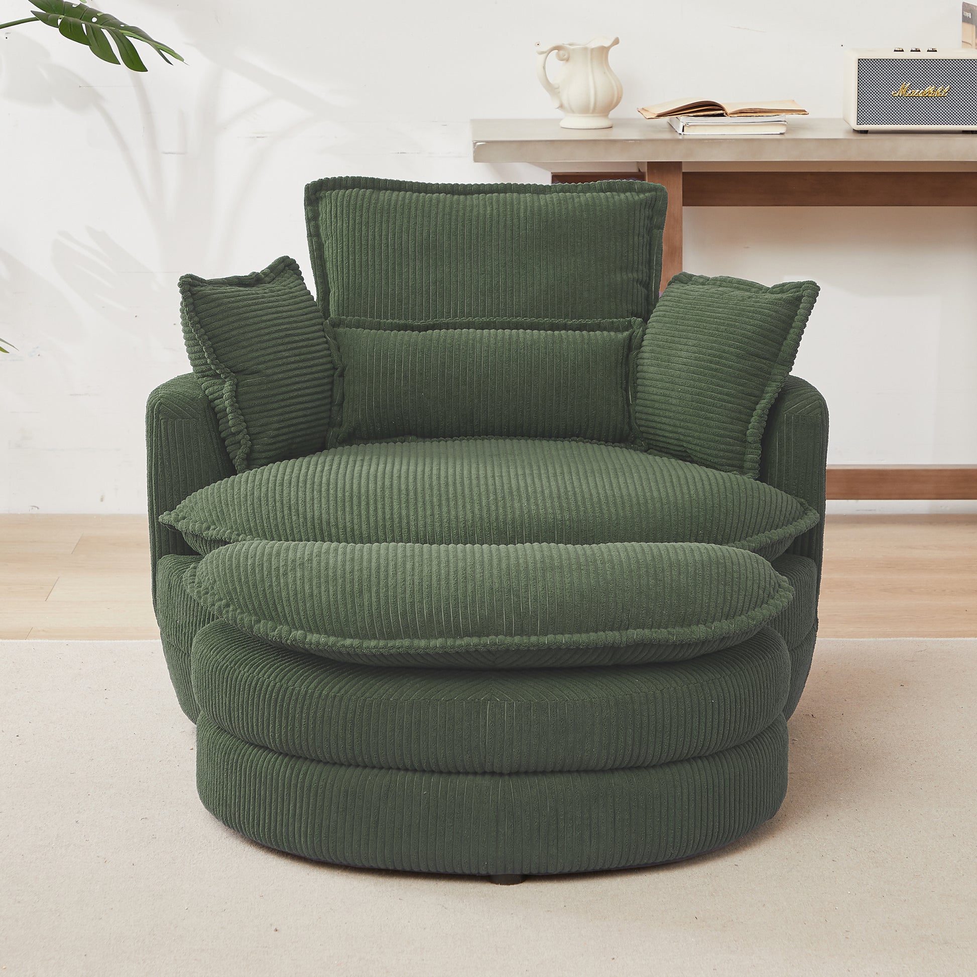 38"W Oversized Swivel Chair With Moon Storage Ottoman For Living Room, Modern Accent Round Loveseat Circle Swivel Barrel Chairs For Bedroom Cuddle Sofa Chair Lounger Armchair, 4 Pillows,Corduroy Green Foam Corduroy 1 Seat