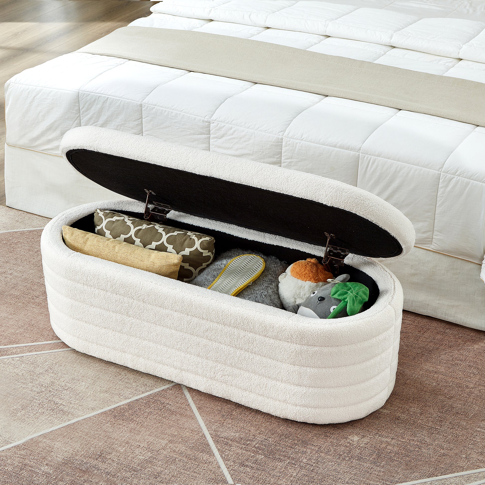 Modern Oval Storage Ottoman Bench, Upholstered Boucle Teddy Fabric End Of Bed Bench With Storage, End Of Bed Stool With Safety Hinge For Bedroom, Living Room, Entryway, White White Primary Living Space Oval Black American Design,Contemporary,Luxury,Mid